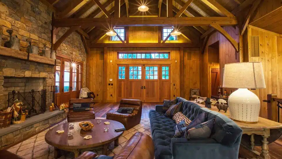 The wooded great room inside a Malvern party barn.