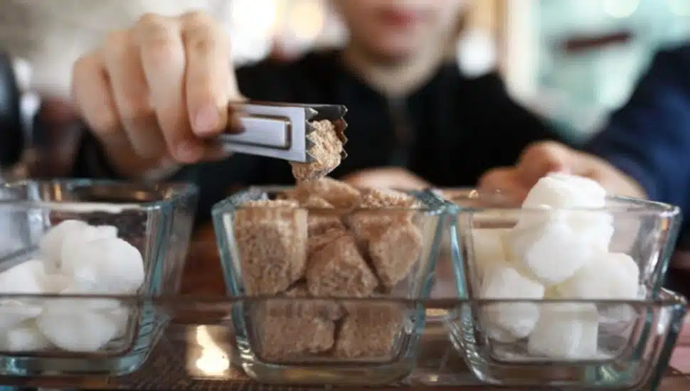 Kid picks up a cube of sugar from bowl.