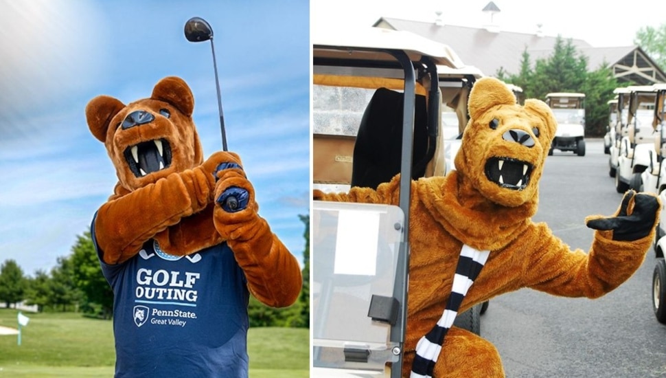 Nittany Lion mascot plays golf and drives golf cart.