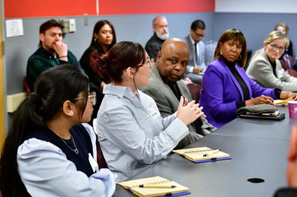 DCCC students and DCCC’s Dr. Kendrick Mickens and Dr. Nyia Kelly participate in the roundtable.