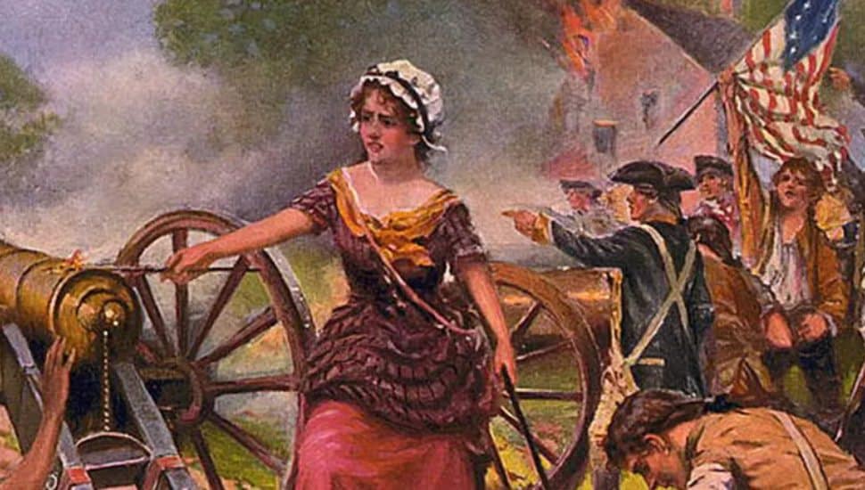 A portrait of Molly Pitcher firing a canon at the Battle of Monmouth in 1778.