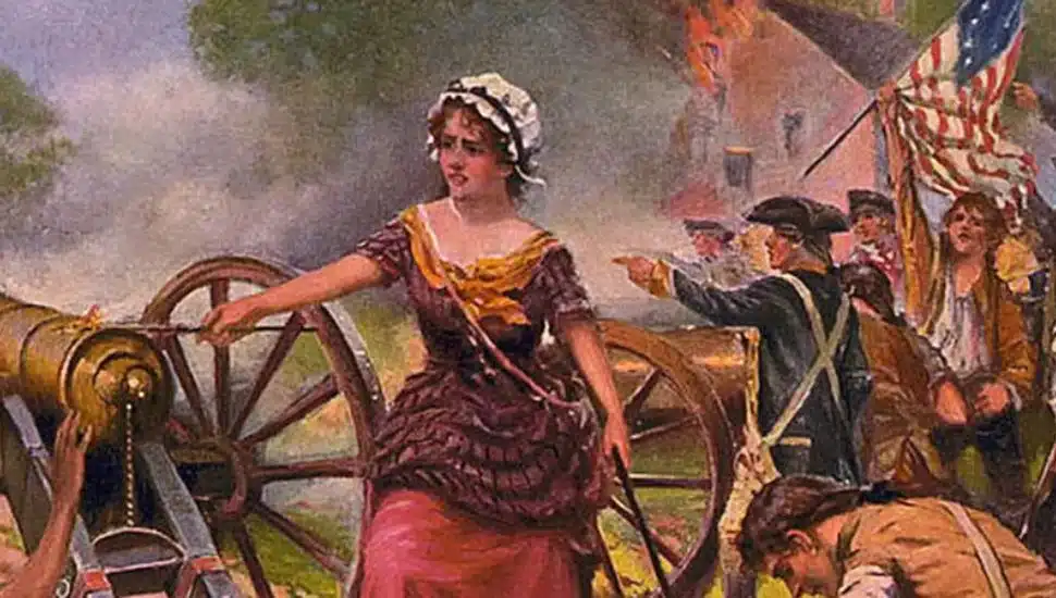 A portrait of Molly Pitcher firing a canon at the Battle of Monmouth in 1778.