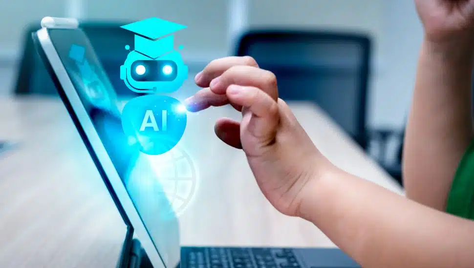 Child using iPad with AI concept robot floating in air.