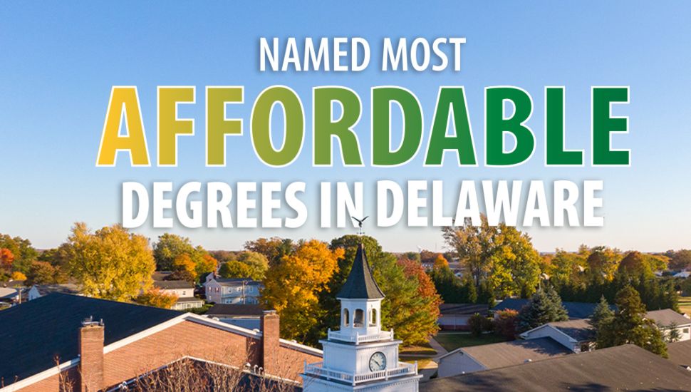 Aerial view of Wilmington University campus promoting recognition for most affordable bachelor’s and master’s degree programs in Delaware.