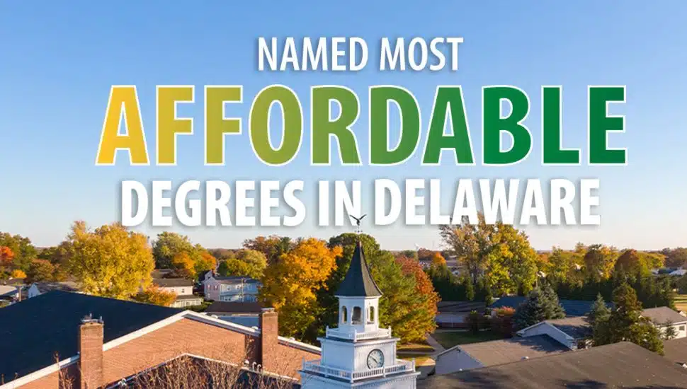 Aerial view of Wilmington University campus promoting recognition for most affordable bachelor’s and master’s degree programs in Delaware.