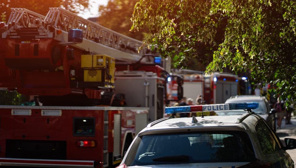 Police car and firetruck focused on a street.