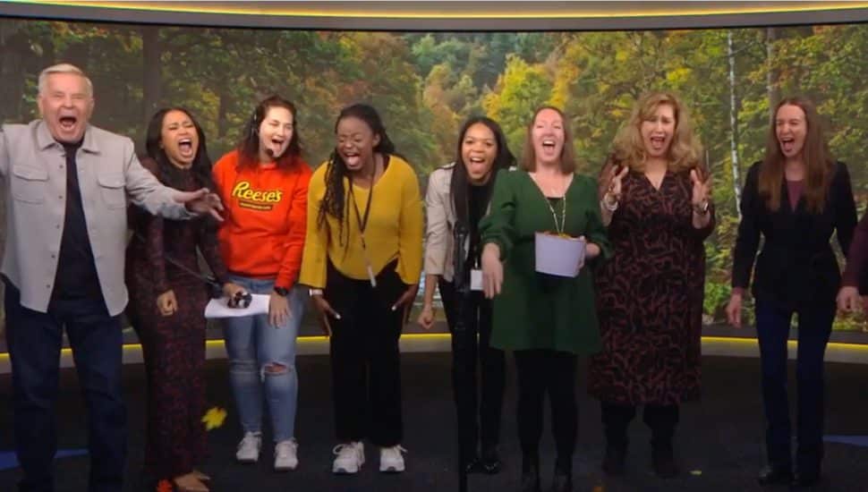 Fox29 staff and Downingtown scream club members yell in studio.