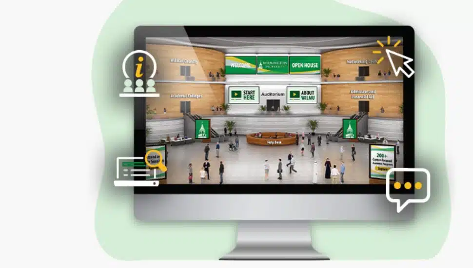 Computer screen displaying Wilmington University’s virtual event platform for Transfer and Degree Completion Day with interactive booths, live chat and academic resource sections.