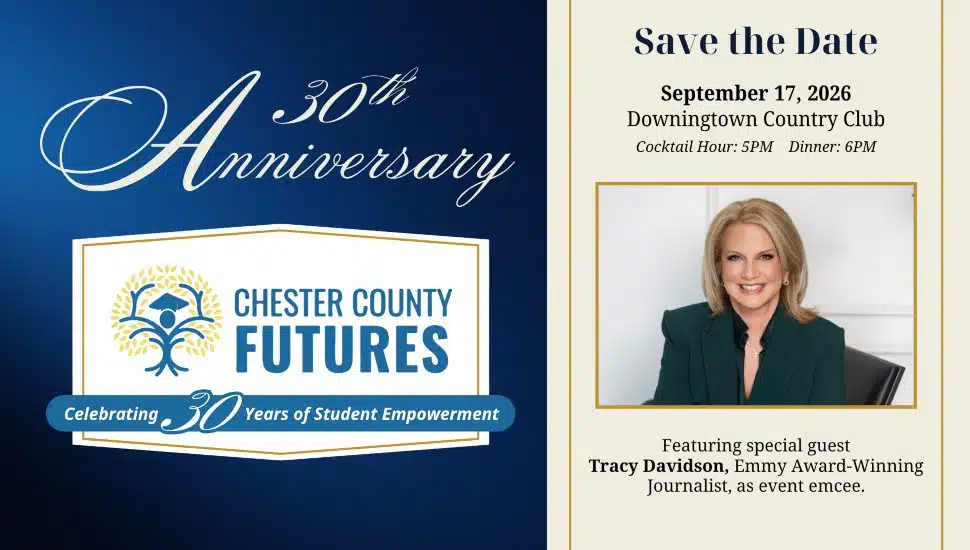 Chester County Futures 30th anniversary event graphic featuring event details and guest speaker Tracy Davidson.