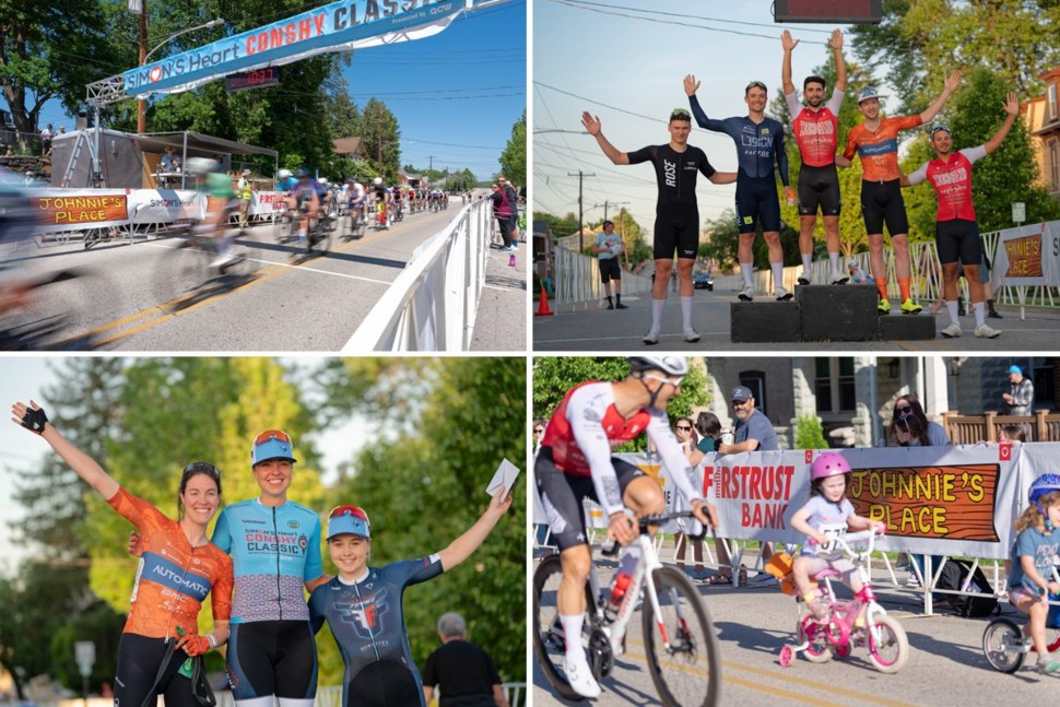 Photo collage of bike race and winners.