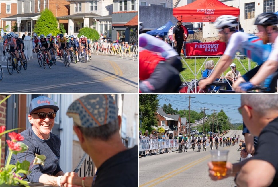 Photo collage of bike race and spectators.