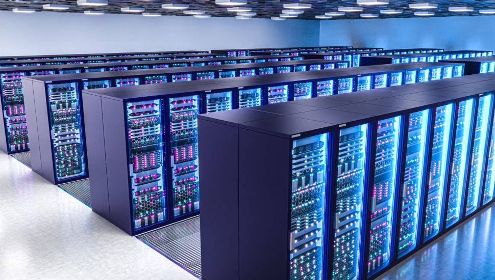 Server racks with blinking lights 3d data center room