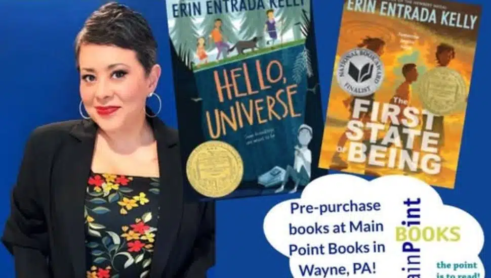 Poster for Erin Entrada Kelly author visit at Easttown Library on April 24, 2026, featuring her books Hello, Universe and The First State of Being.