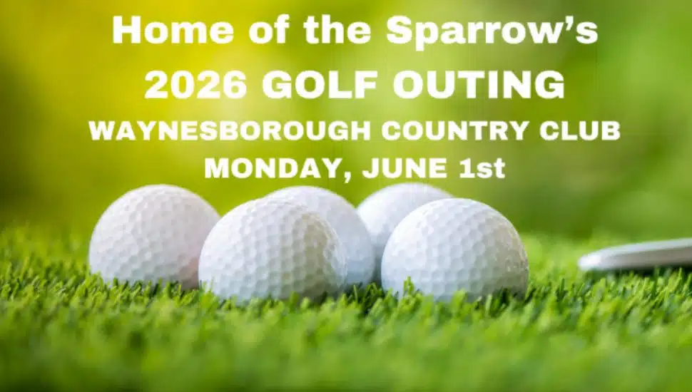 Golf balls on grass with Home of the Sparrow logo promoting the 2026 Golf Outing at Waynesborough Country Club on June 1st