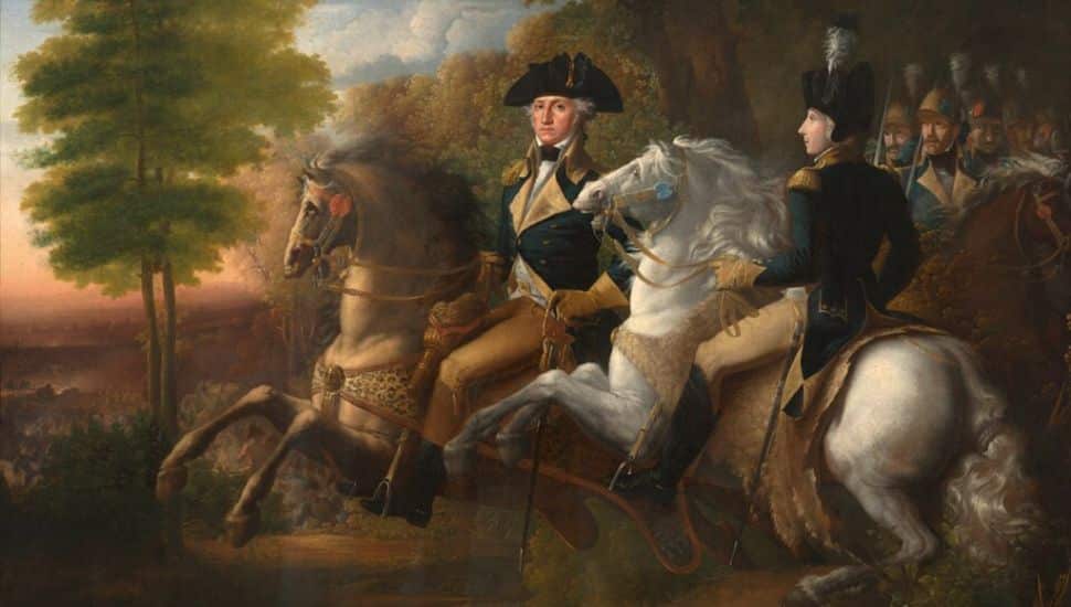 Generals Washington and Lafayette riding horses at the Battle of the Brandywine, a painting by John Vanderlyn.