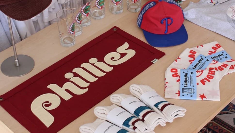 A display of Phillies accessories, art, and drinkware at West Chester's Jawn Supply.