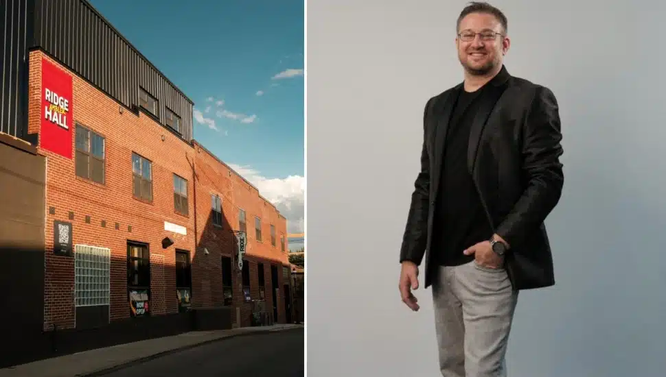 Headshot of real estate developer next to converted industrial warehouse.