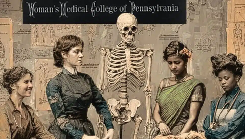 Illustration of diverse women medical students from the Woman’s Medical College of Pennsylvania studying anatomy around a skeleton, representing pioneers in women’s healthcare.