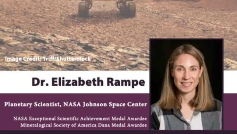 Promotional graphic featuring Dr. Elizabeth Rampe, planetary scientist at NASA Johnson Space Center, with a Mars rover background and her name and credentials displayed.