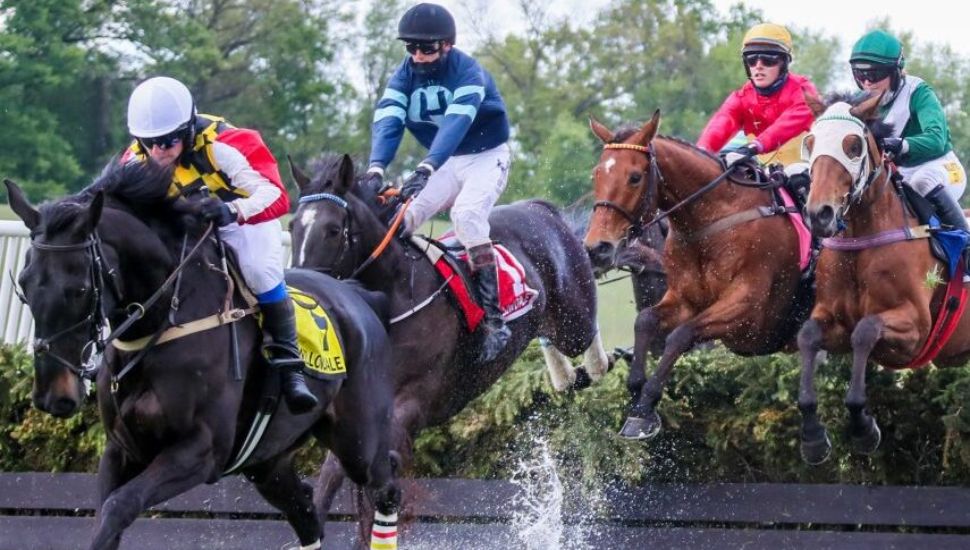 Willowdale Steeplechase riders jumping a fence.