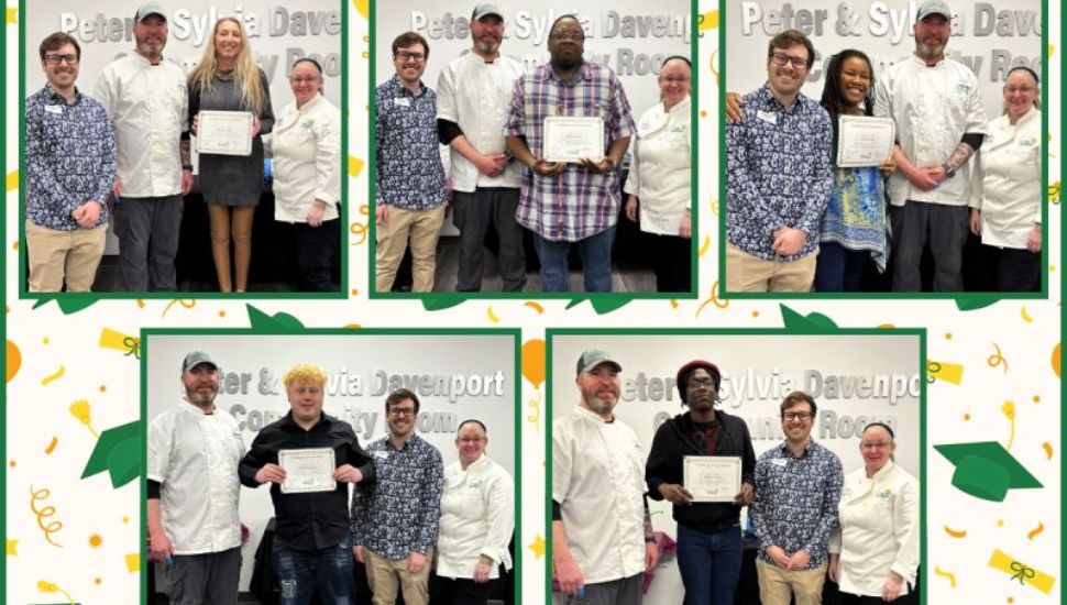 Collage of Workforce Development graduates holding certificates alongside instructors at Chester County Food Bank, with a banner reading “Congratulations to Our Workforce Development Graduates!” and celebratory graphics.