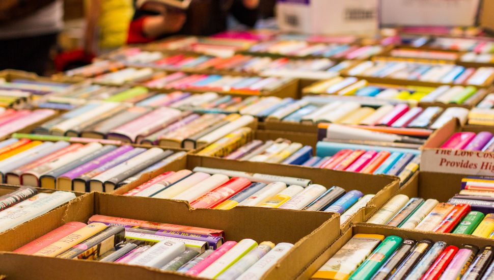 close up of boxes of books