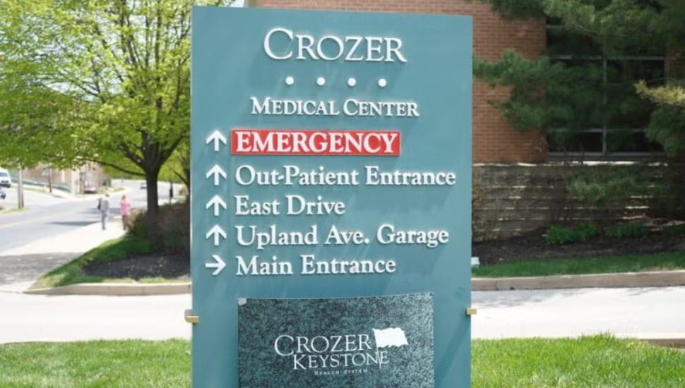 The sign at the entrance to the Crozer-Chester Medical Center in Upland.