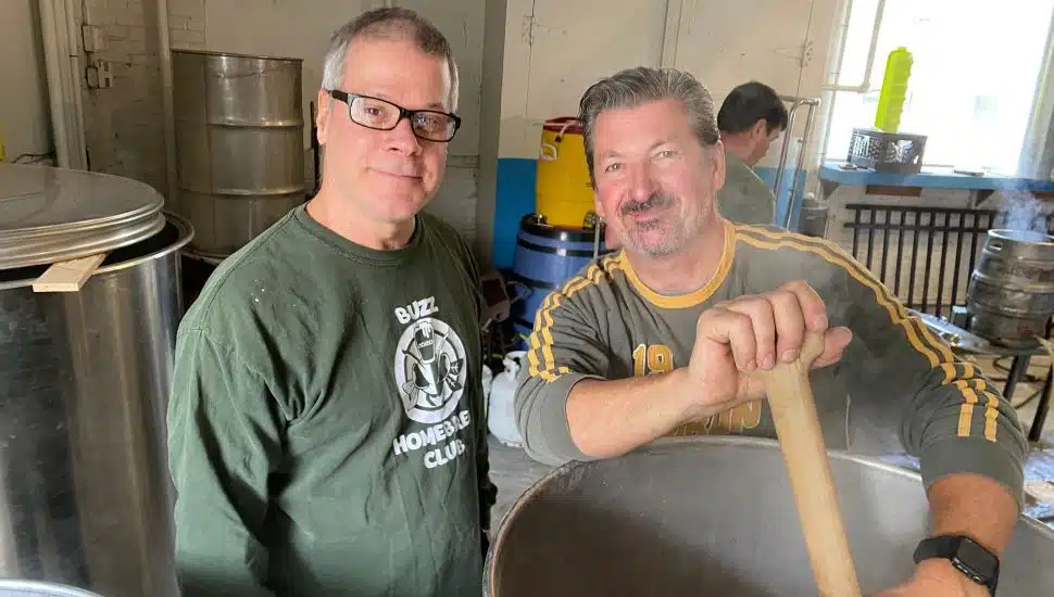 Brendan FitzGerald, right, with co-brewer Mark making brews last fall.