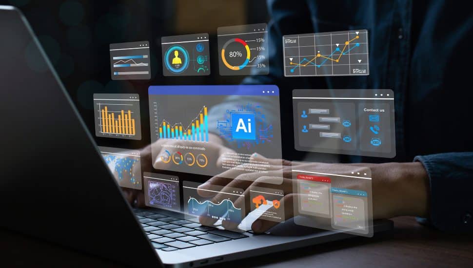 Finance AI concept with graphs and charts.