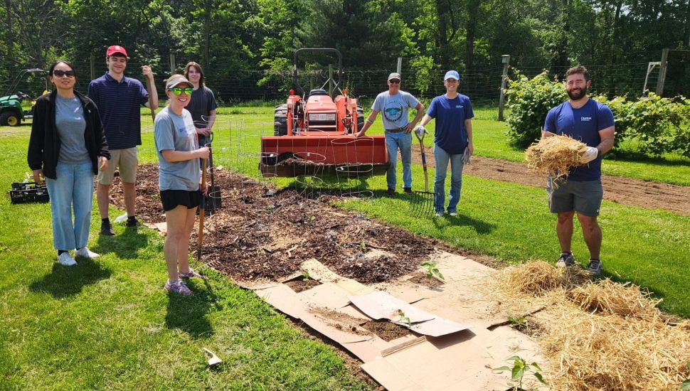 Volunteers outdoors planting trees.