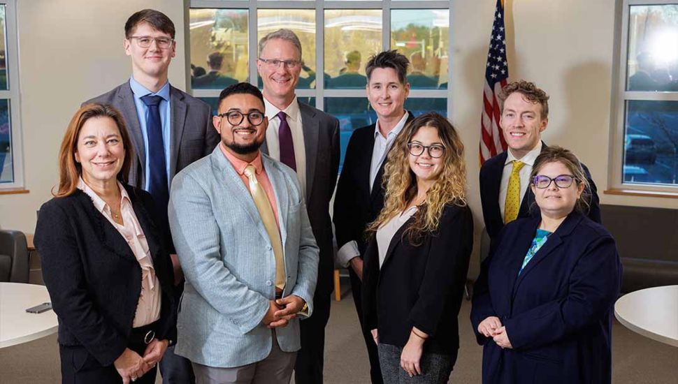 Law Review Editorial Board. Top left to right: Elijah Westog, Andrew Glover, Marisa A. Rauscher, Britton Ody. Botton left to right: Christine Sauers, Héctor L. Torres-Díaz, Marrissa Nardo, Andrea Rothbart. Not pictured: Mary Macmillan, Dalton Lahti, Erin Buskell.