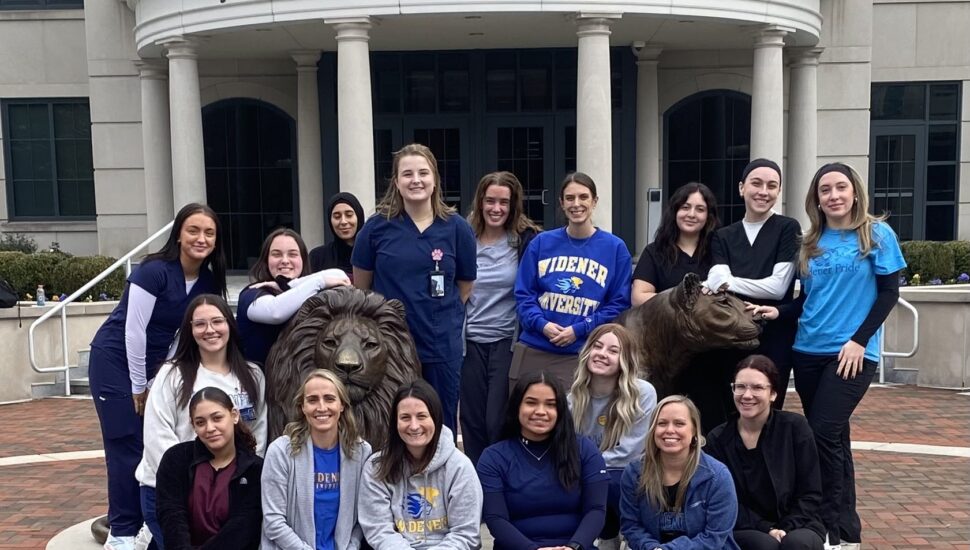 Widener students enrolled in the Diagnostic Medical Sonography program outside the Jack & Nancy Dwyer School of Nursing.