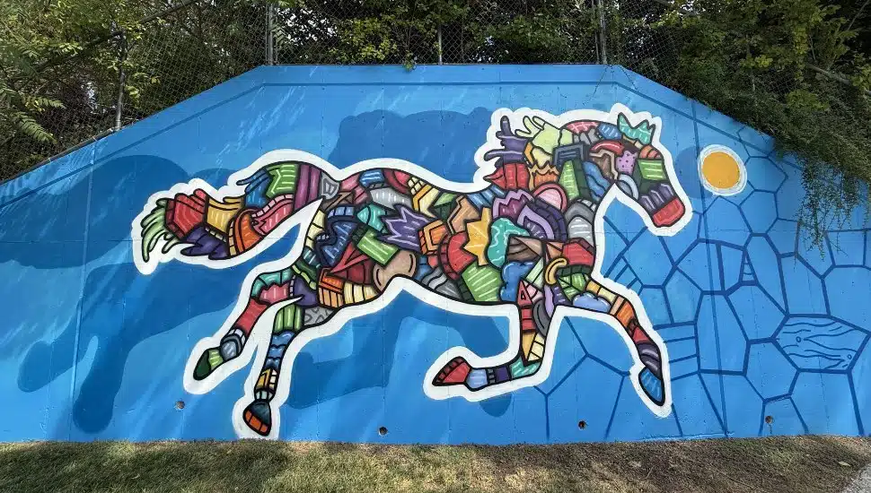 Artist Alloyius Mcilwaine's stained-glass-style horse mural in Devon celebrates the area's equestrian heritage, a short distance from the Devon Horse Show grounds.