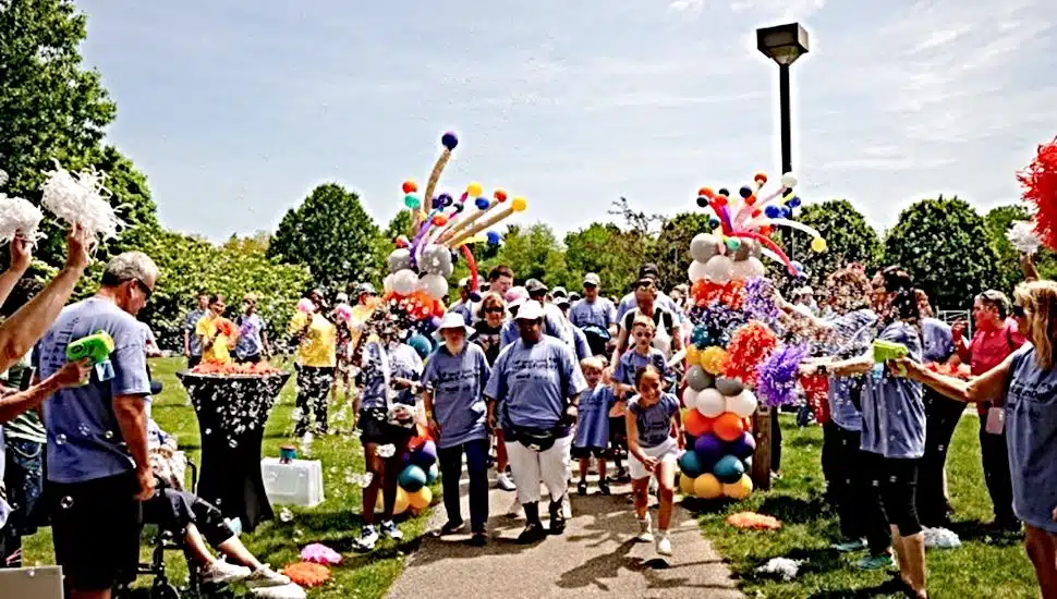 Bubble Walk participants kicking off their walk around West Goshen Park.
