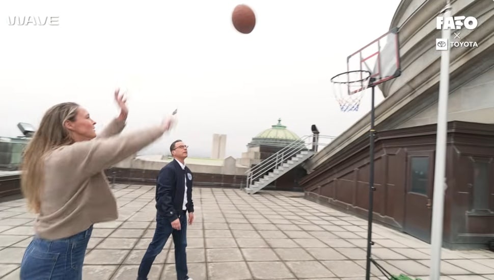 Kylie Kelce and Pa. Gov. Josh Shapiro play some rooftop basketball in Harrisburg.