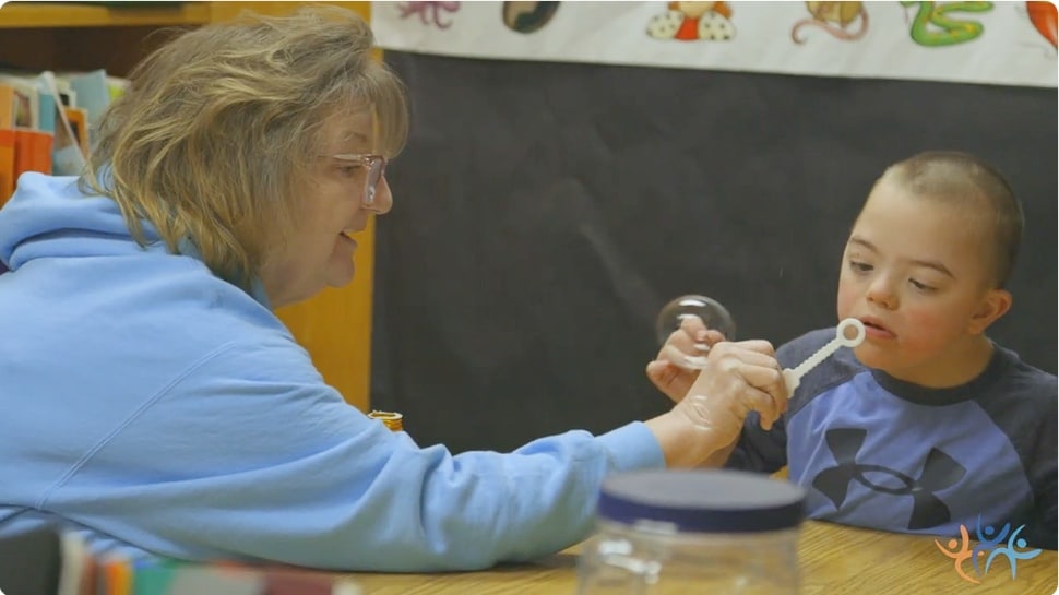 CCRES paraprofessional Kathy Marini works with a student at the Boyertown Area School District.