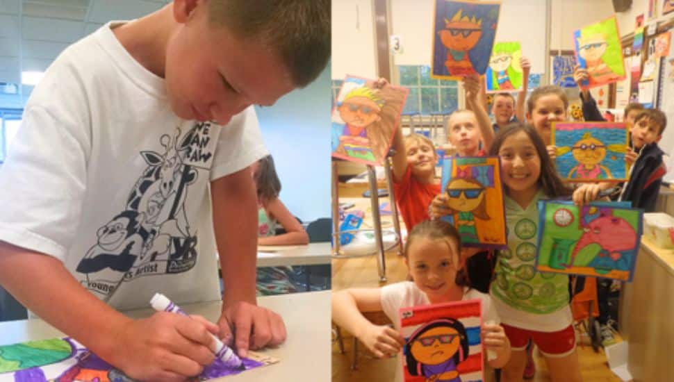 Kids drawing in classroom during Young Rembrandts Chester County class.