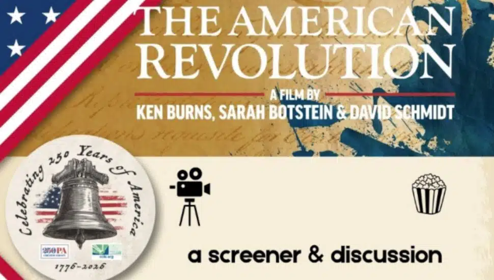 Promotional graphic for PBS documentary The American Revolution featuring an American flag design, Liberty Bell emblem, and text announcing a screening and discussion event celebrating 250 years of America.
