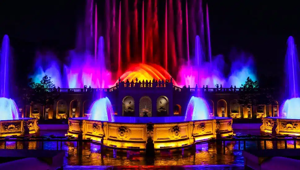 Rainbow lights at Longwood Gardens fountain show at night.