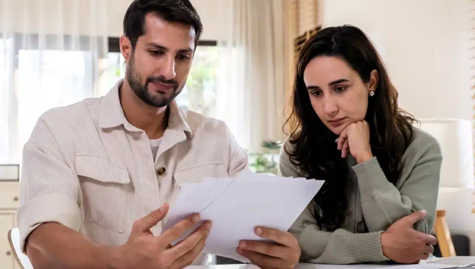 Couple overwhelmed by overdue bills.