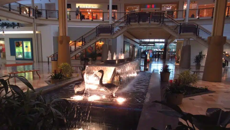 Goose fountain and stories inside the Exton Square Mall.
