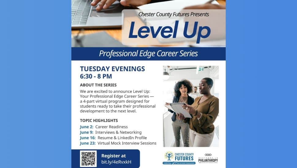 Promotional flyer for Chester County Futures' Level Up Professional Edge Career Series featuring June career development workshops on networking, resumes, LinkedIn profiles, and interview skills for students and young professionals.