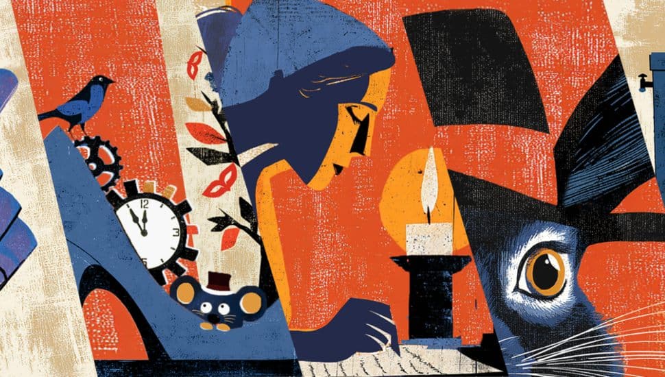 A bold illustrated banner for People's Light's 2026/27 theatre season featuring symbolic imagery from each production, including playing cards, a clock, a masked figure, a candle, a large rabbit, and a dystopian cityscape, rendered in red, blue and orange.