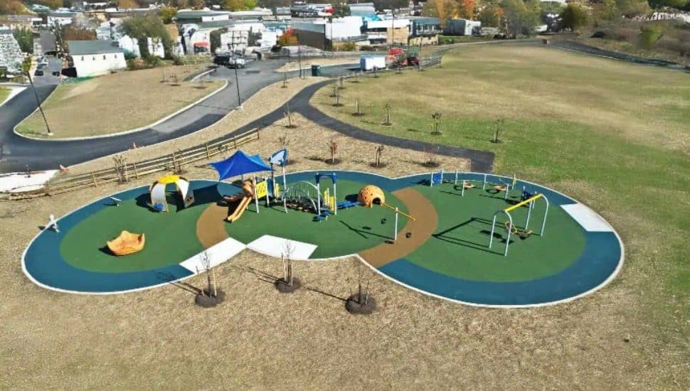 An aerial view of the new playground at the revitalized Wissahickon Park in the West Ambler neighborhood of Whitpain Township.
