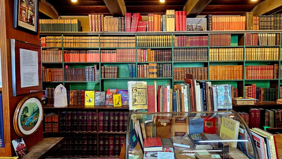 Shelves filled books at historic Baldwin's Book Barn.