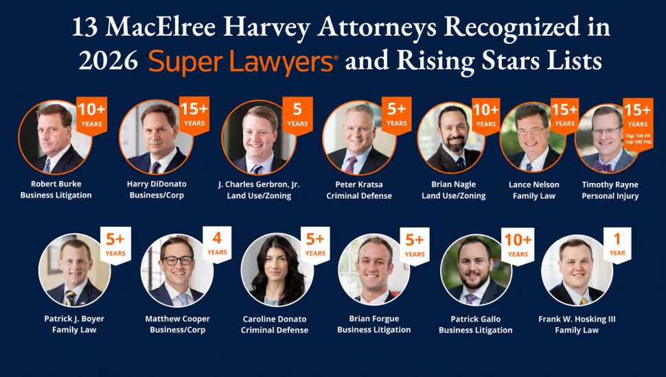 Graphic recognizing 13 MacElree Harvey attorneys named to the 2026 Super Lawyers and Rising Stars lists, featuring attorney headshots, practice areas, and years of recognition.