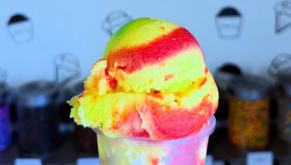 Yellow and red water ice from Scoops ‘N’ Smiles.